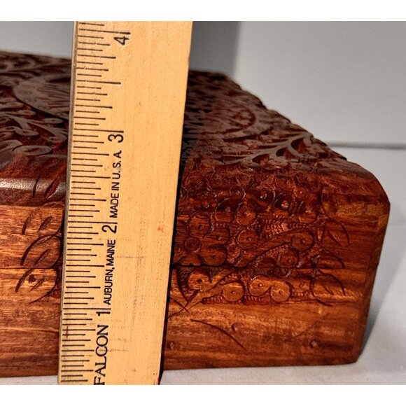 vintage hand carved hinged velvet lined Handcrafted Wooden Tree Life Jewelry Box - Picture 7 of 14